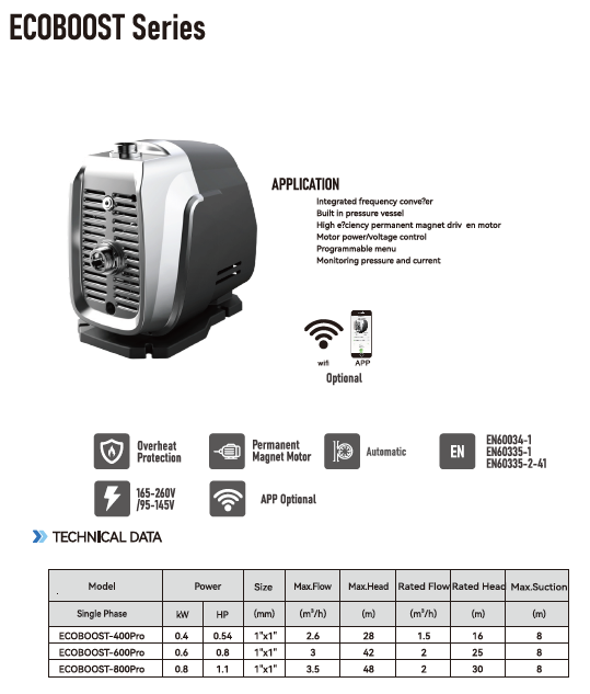 Bomba de agua smart ECOBOOST800PRO presion constante VFD 800W 220V